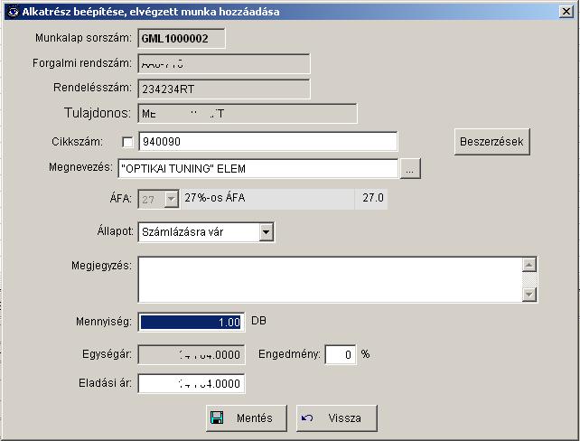 Szerviz munkalapba alkatrészek beépítése