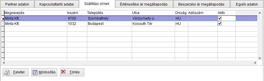 Partner szállítási címek