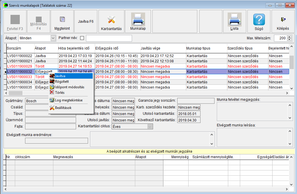 Szerviz munkalapok megtekintése, karbantartása
